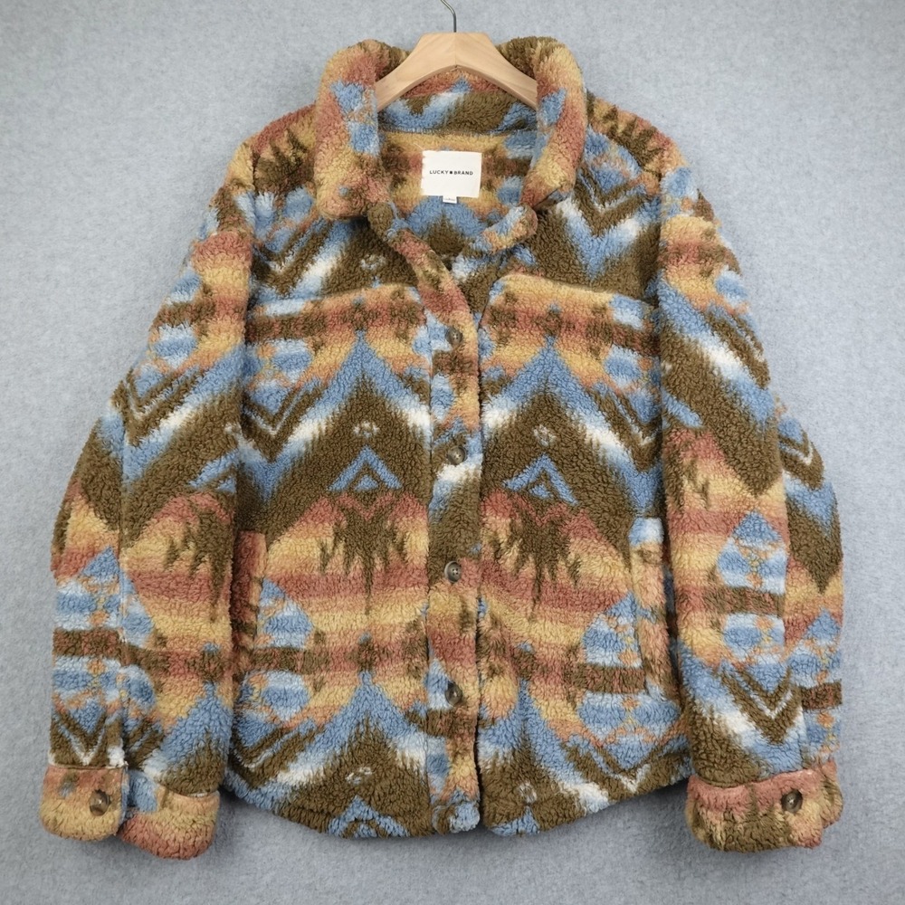 Lucky Brand Fleece Jacket Women's Large Deep Pile Native Aztec Western Button